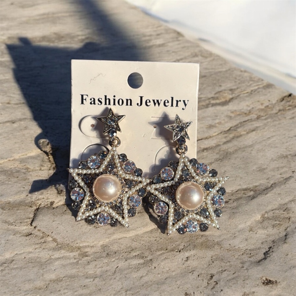 Fashion Jewelry Starburst Faux Pearl and Studded Faux Pearl Earrings. Two pair.